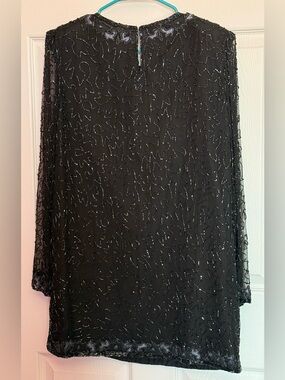 Black Beaded Sheer Long Sleeve Short Dress